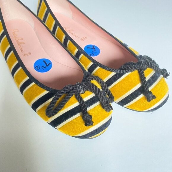 NEW Pretty Ballerinas Striped Yellow Black Round toe Velvet Ballet  Flats 37.5 - Picture 4 of 9